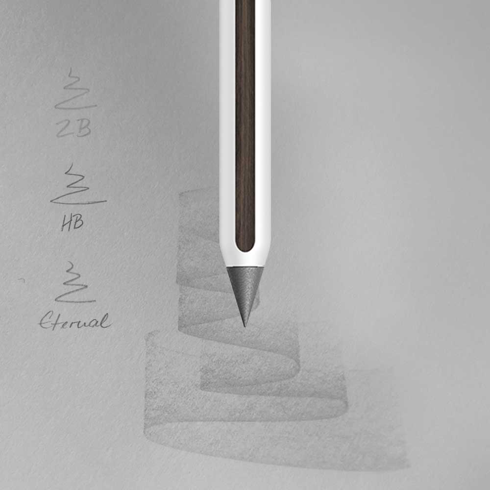 Graphit-Spitze des AEON Aluminium-Bleistifts in Polar White beim Zeichnen auf Papier, Vergleich zu 2B, HB und Eternal