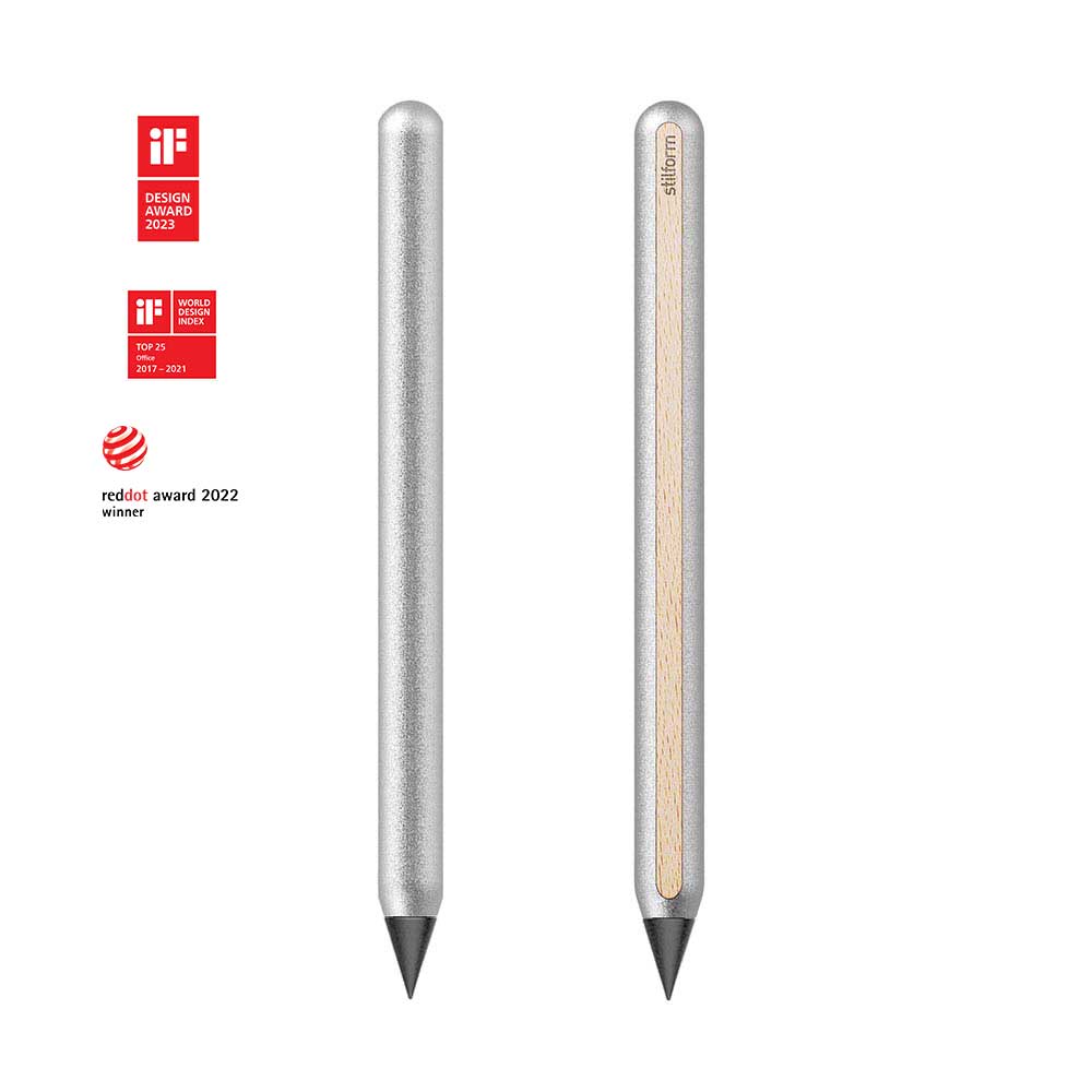 AEON Magnesium-Bleistift mit Graphit-Spitze, Vorder- und Rückansicht, daneben Design-Auszeichnungen