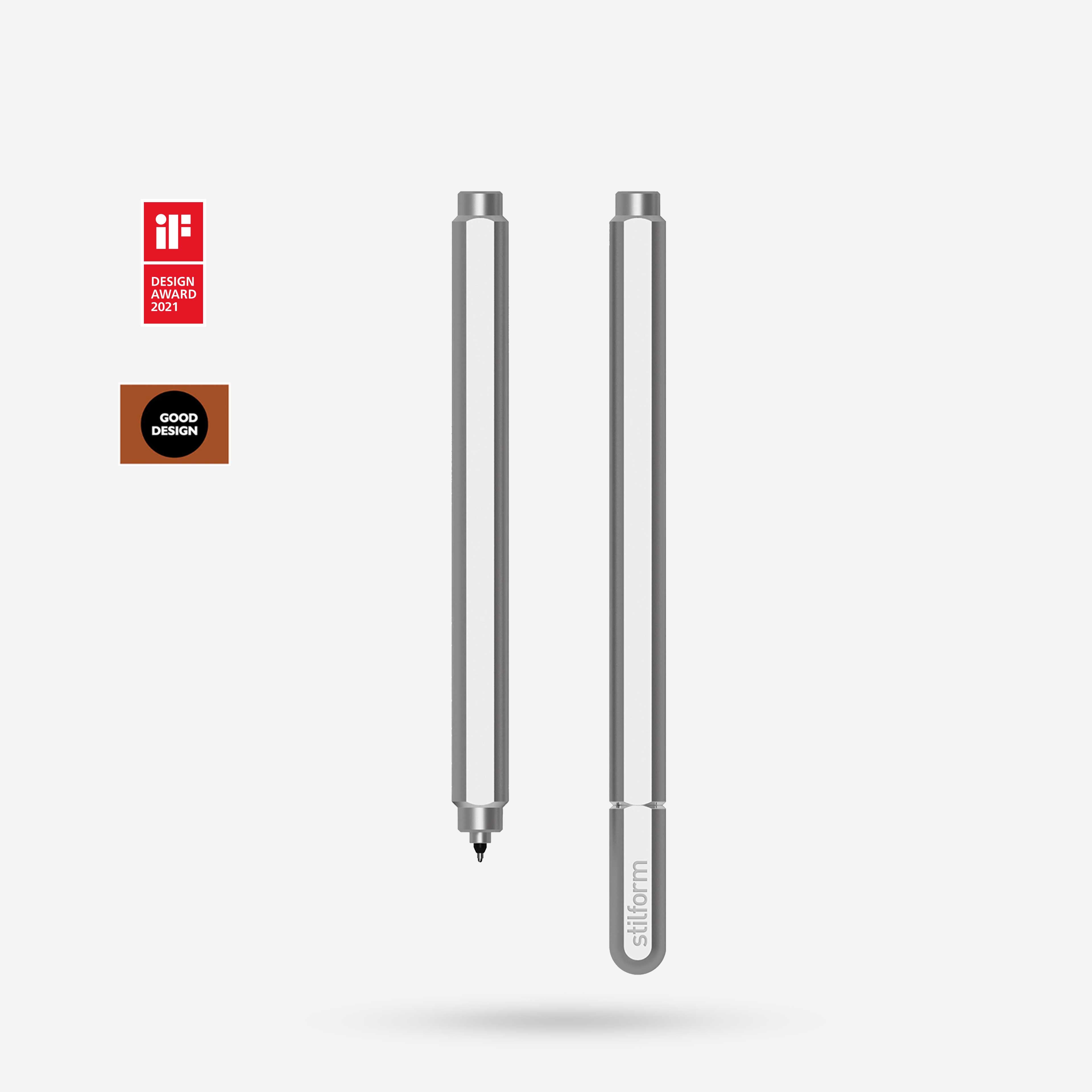 Aluminium Gelschreiber ARC in Comet Grey Vorder- und Rückansicht, daneben Design-Auszeichnungen