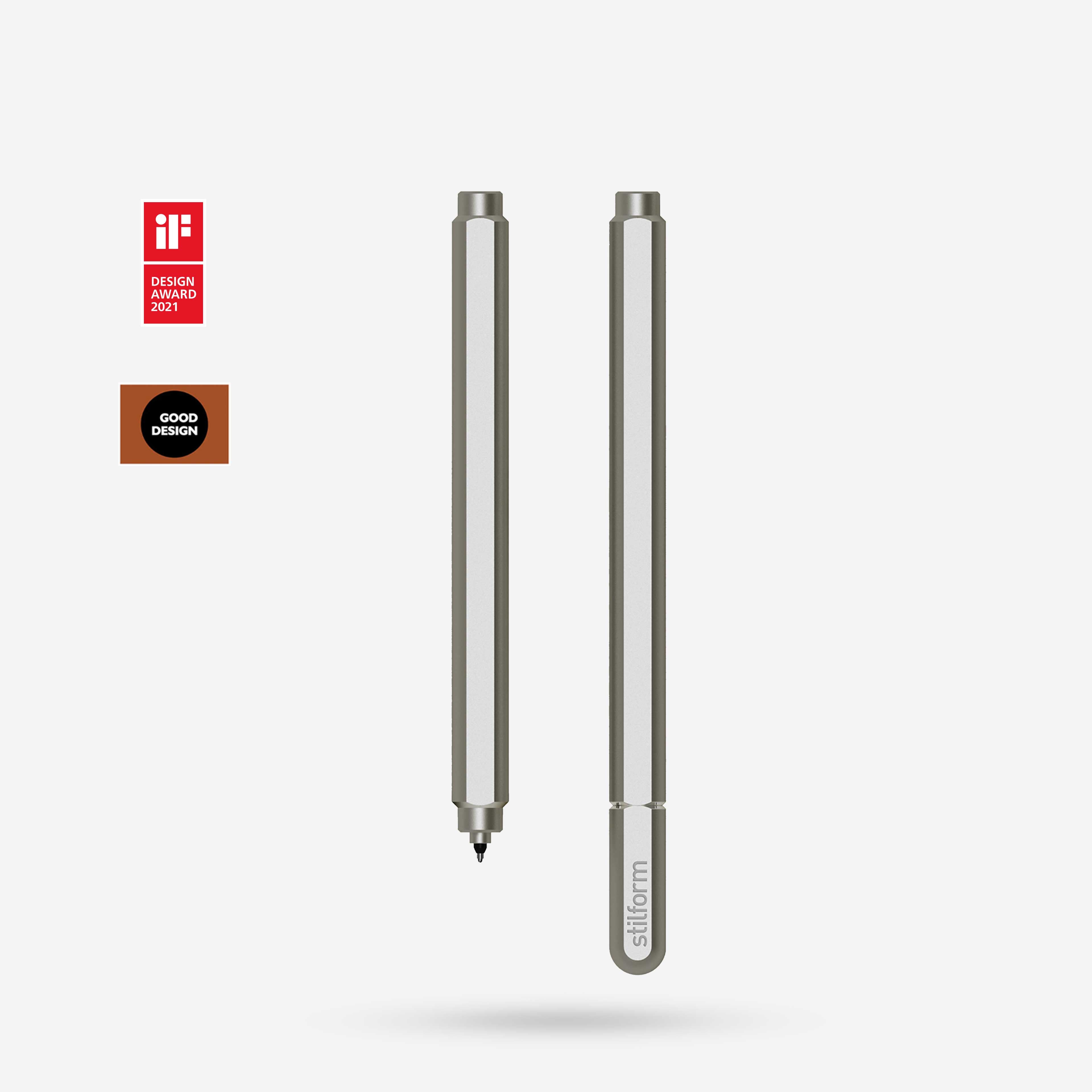 Titan Gelschreiber ARC in matt, Vorder- und Rückansicht, daneben Design-Auszeichnungen