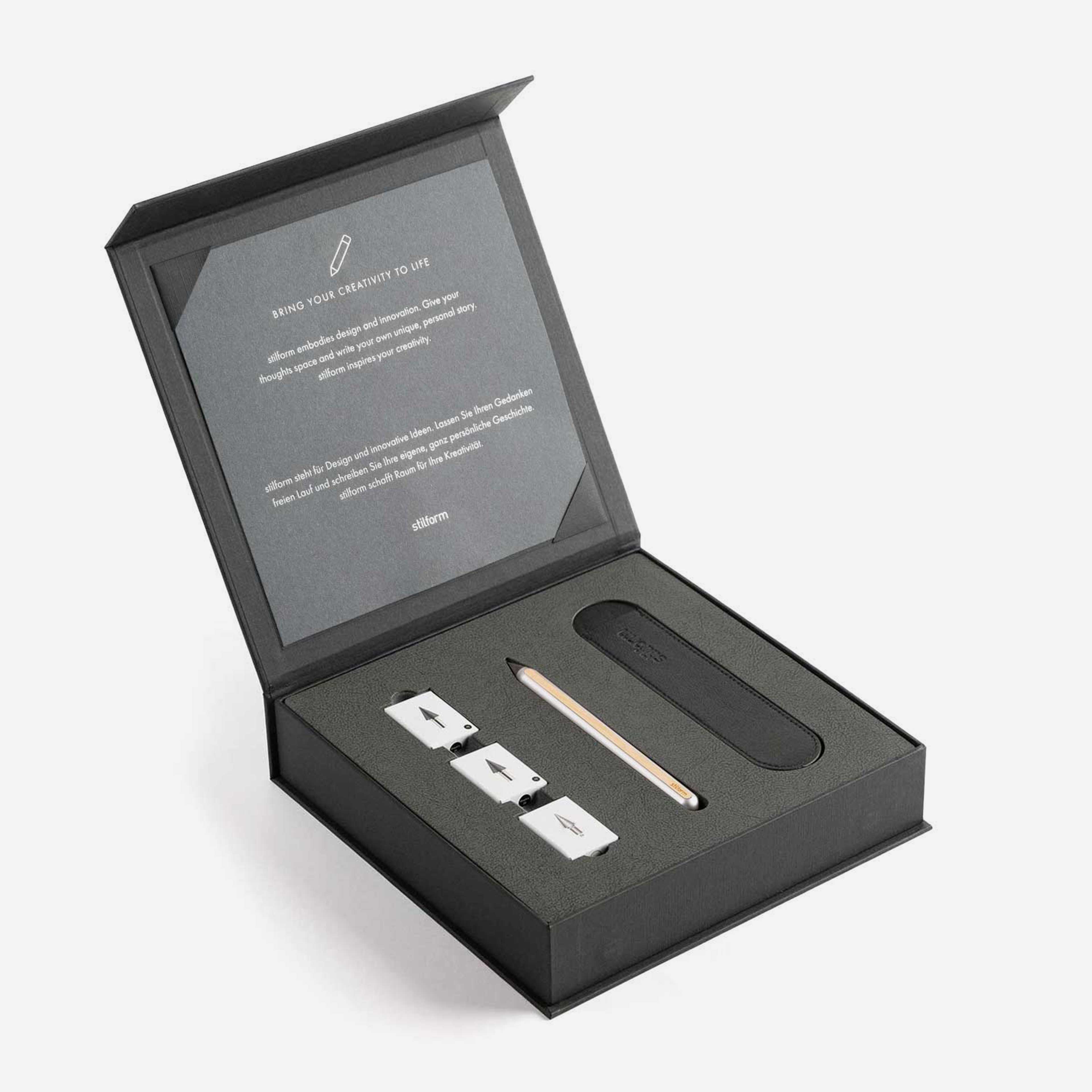 Geschenkbox mit Bleistift Magnesium, Etui, zwei Graphit Spitzen und einer Eternal Spitze