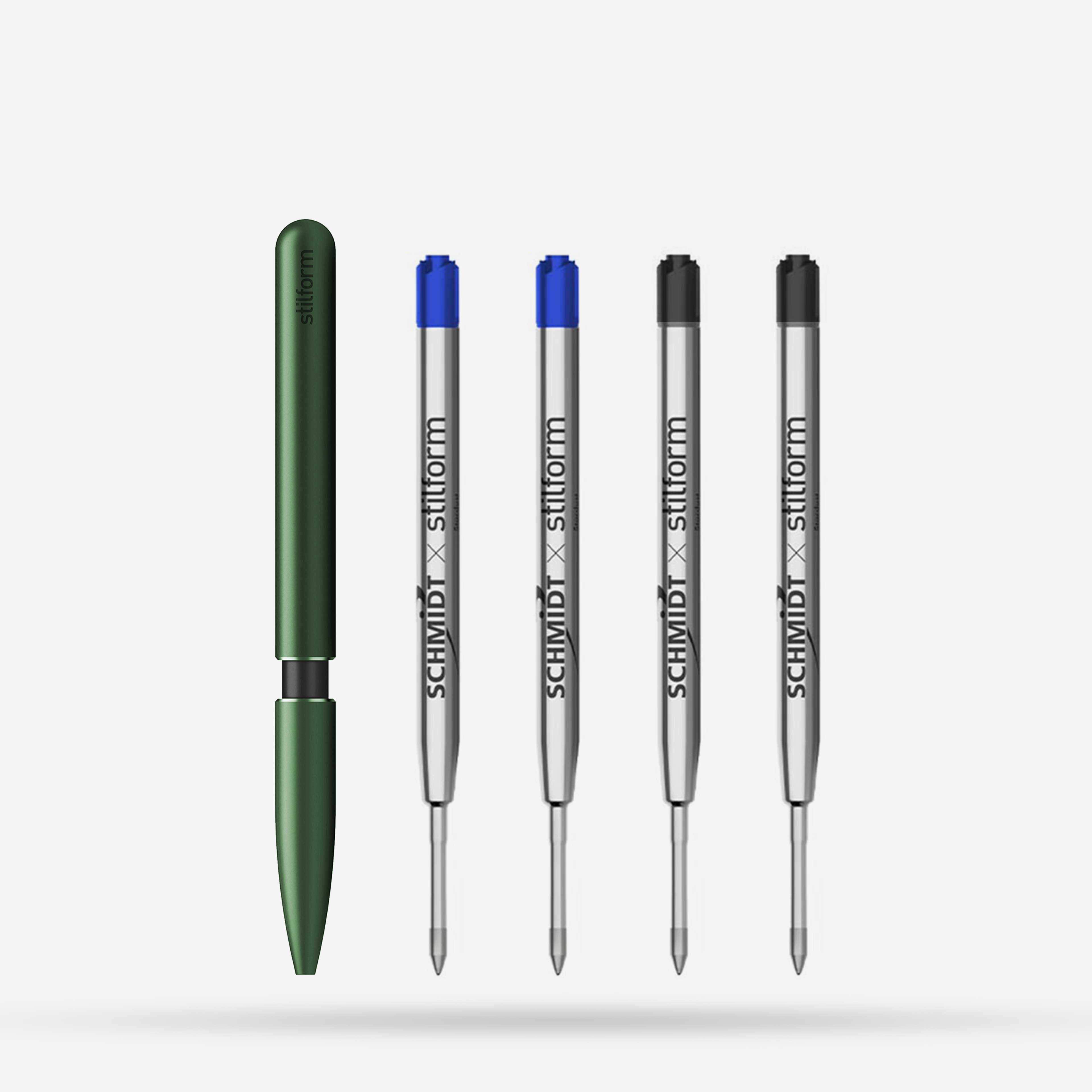 Kugelschreiber Aluminium Pen Aurora Green mit blauen und schwarzen Ersatzminen
