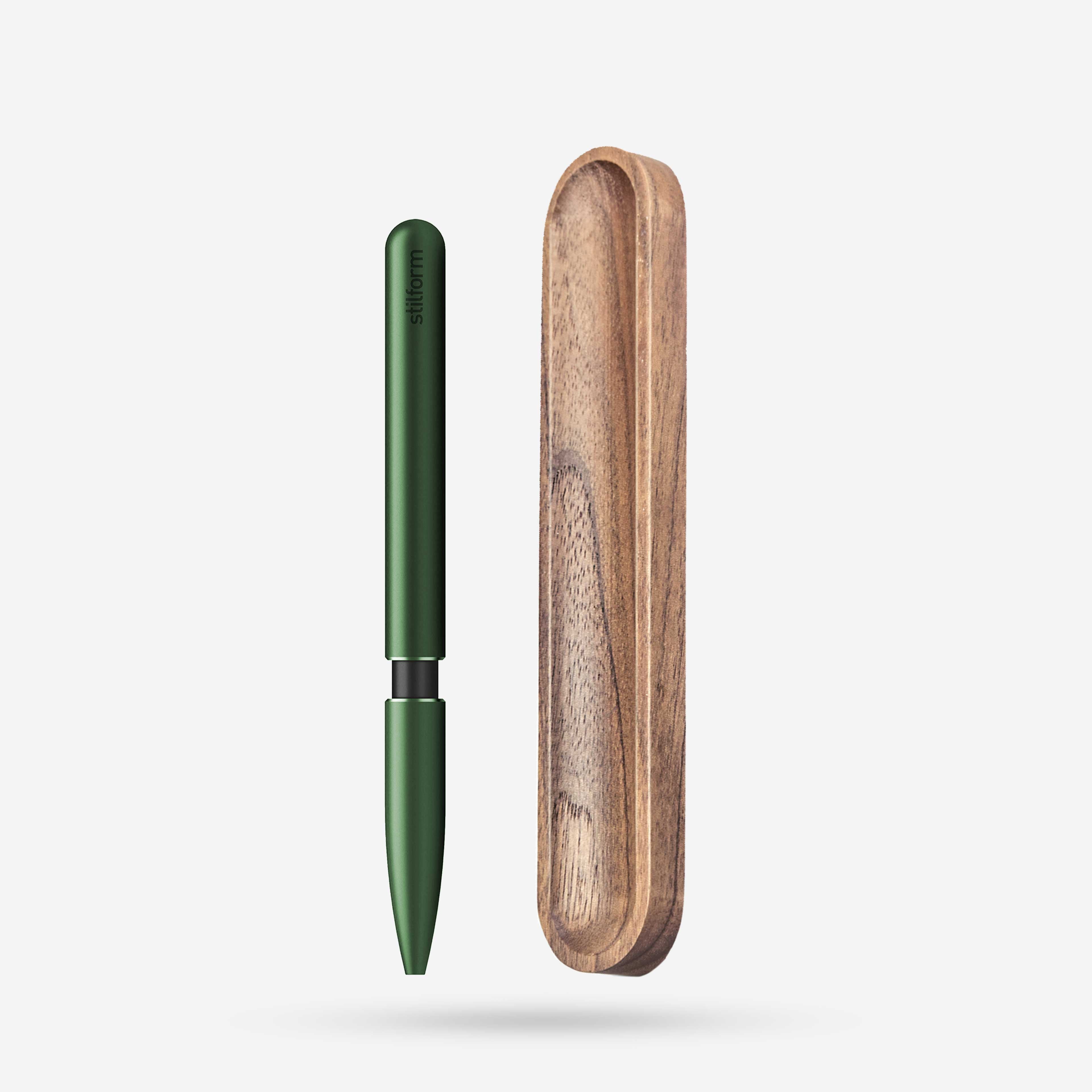 Kugelschreiber Aluminium Pen Aurora Green mit Stiftablage aus Walnussholz