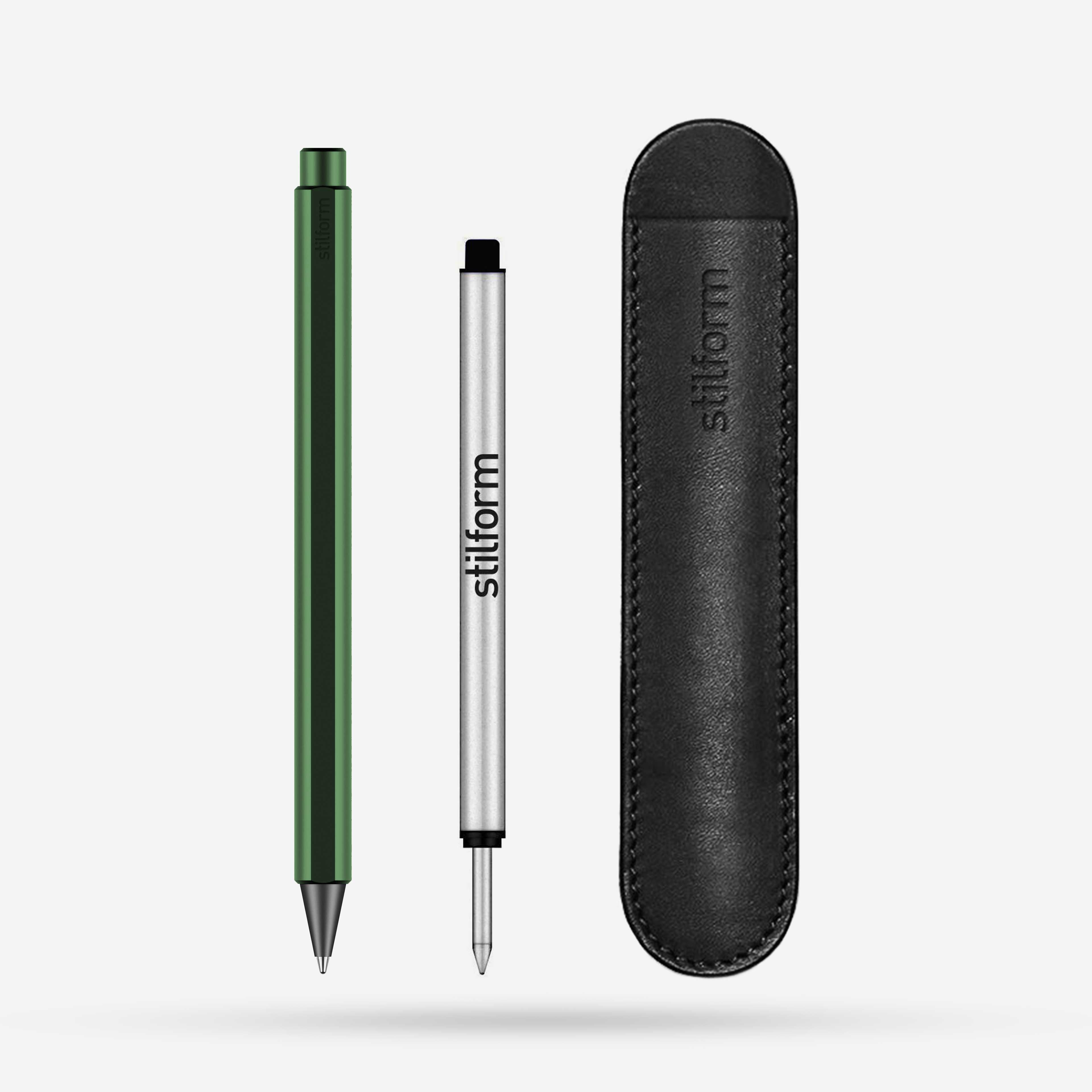 Tintenroller Aluminium Flow Aurora Green mit Ersatzmine und Lederetui Schwarz