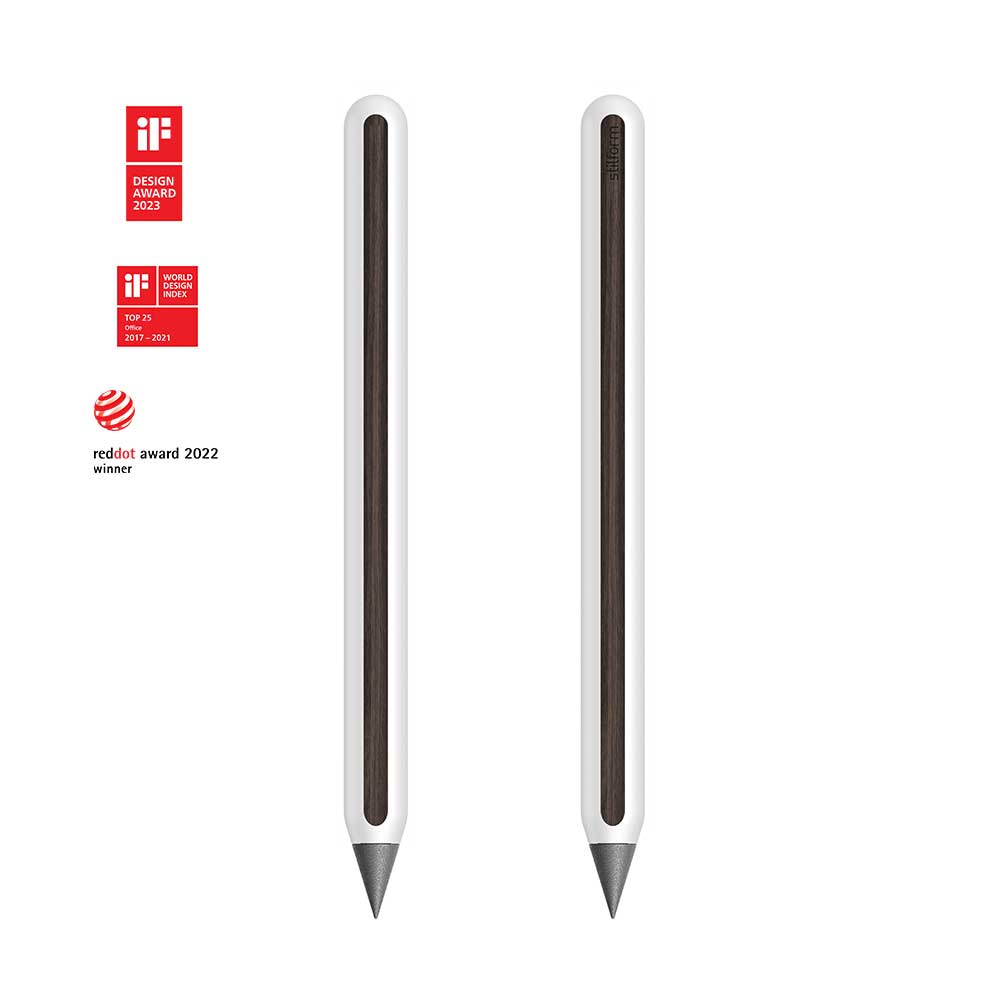 AEON Aluminium-Bleistift in Polar White mit Graphit-Spitze, Vorder- und Rückansicht, daneben Design-Auszeichnungen