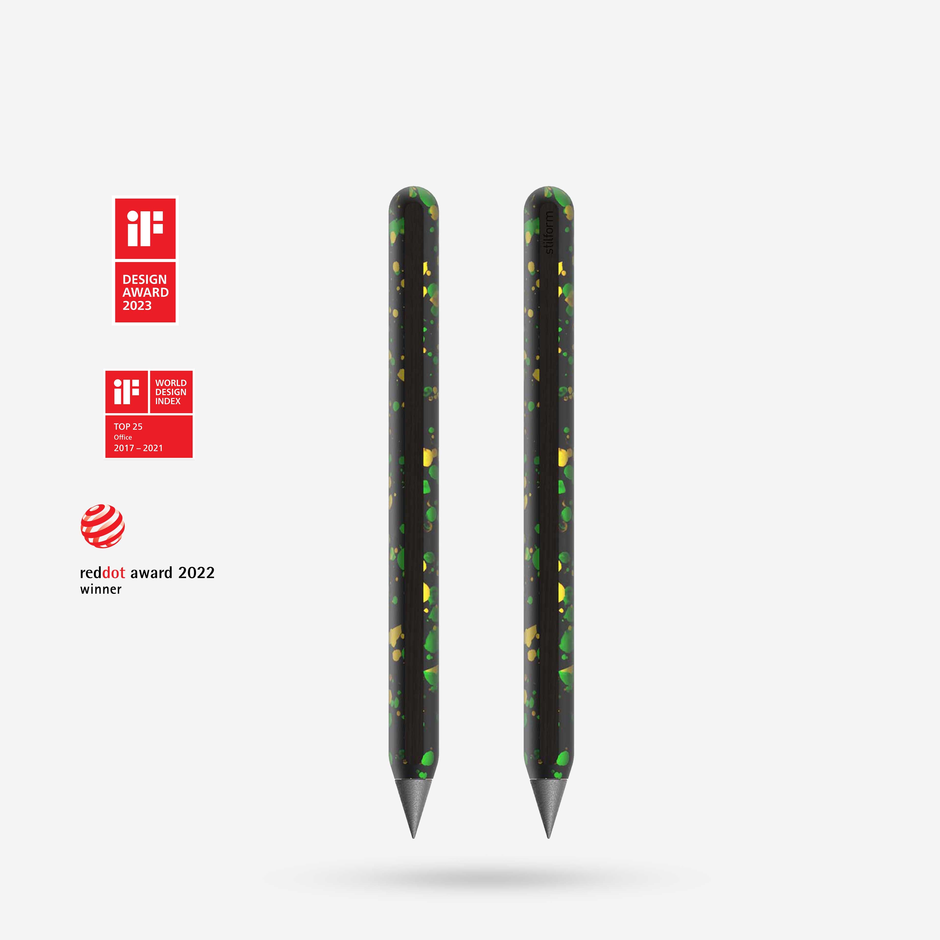 AEON Pure Aluminium-Bleistift in Comet Grey mit Graphit-Spitze, Vorder- und Rückansicht, daneben Design-Auszeichnungen