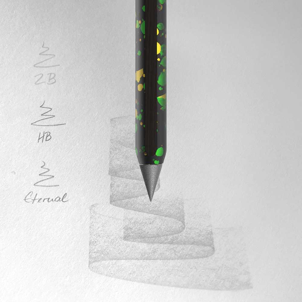 Graphit-Spitze des AEON Pure Aluminium-Bleistifts in Comet Grey beim Zeichnen auf Papier, Vergleich zu Eternal, 2B und HB