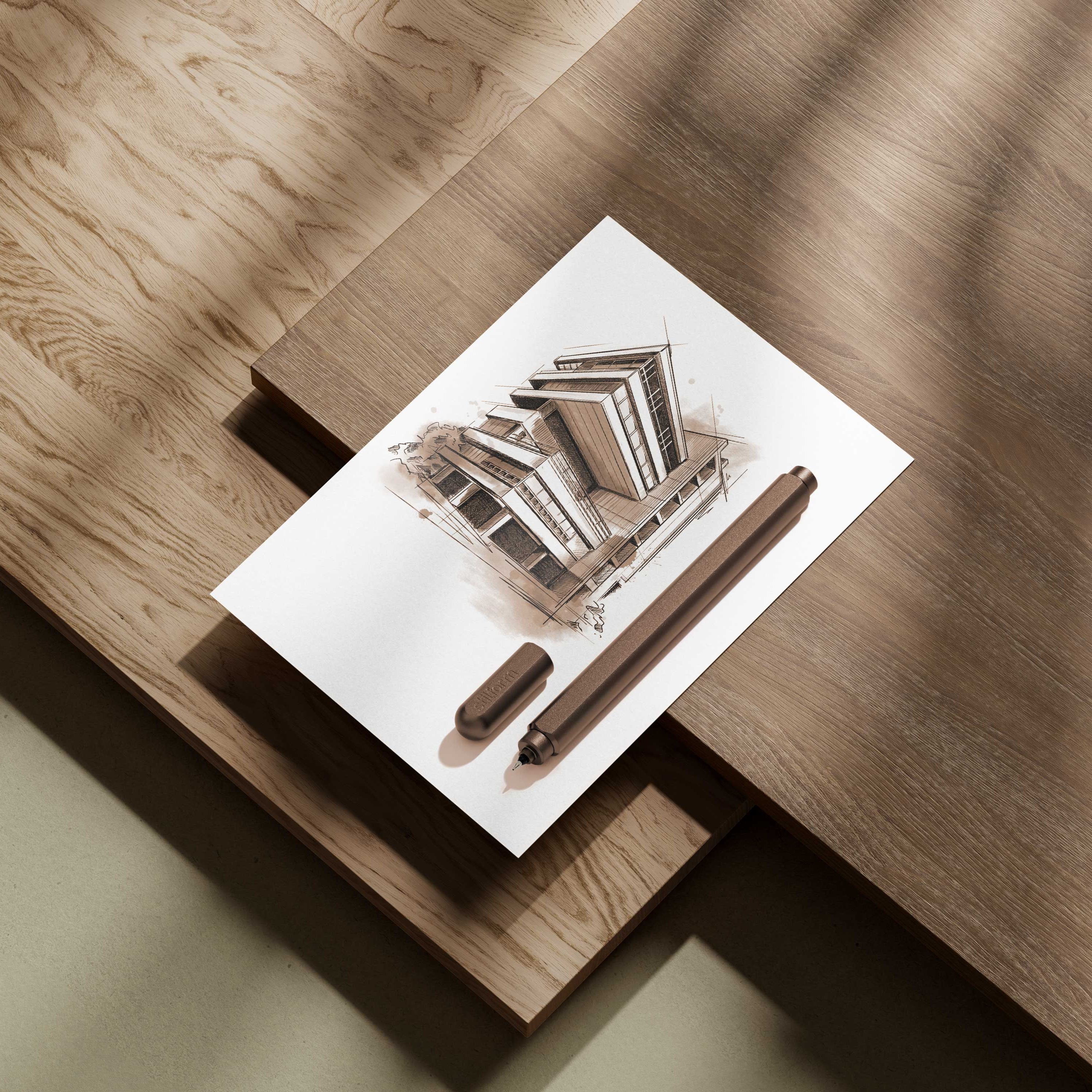 Aluminium Gelschreiber ARC in Walnut Brown auf Architektur-Skizze, arrangiert auf Holzoberfläche