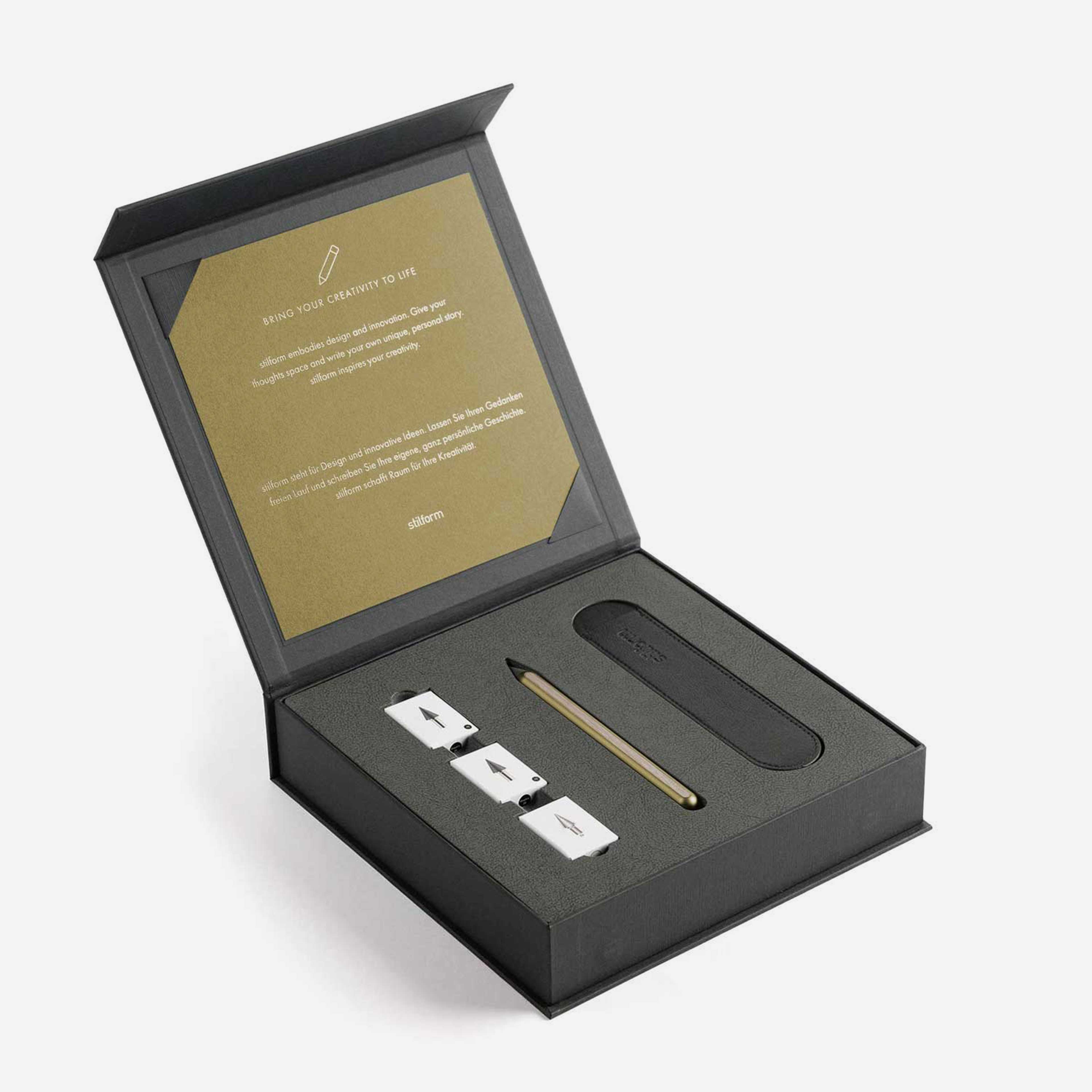 Geschenkbox mit Bleistift Messing, Etui, zwei Graphit Spitzen und einer Eternal Spitze