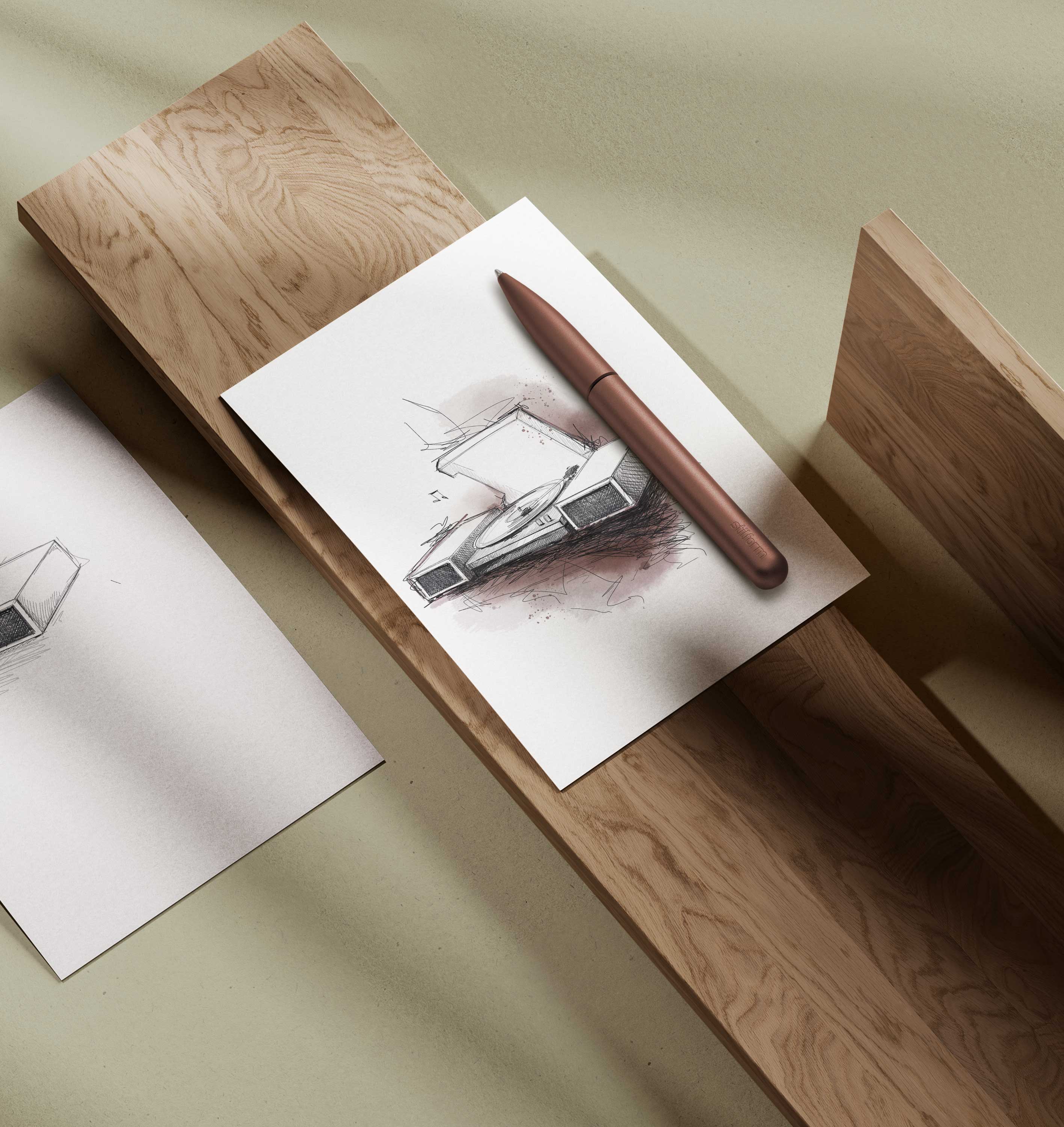 Aluminium Kugelschreiber Pen in Walnut Brown auf Skizze eines Gebäudes, arrangiert auf Holzoberfläche