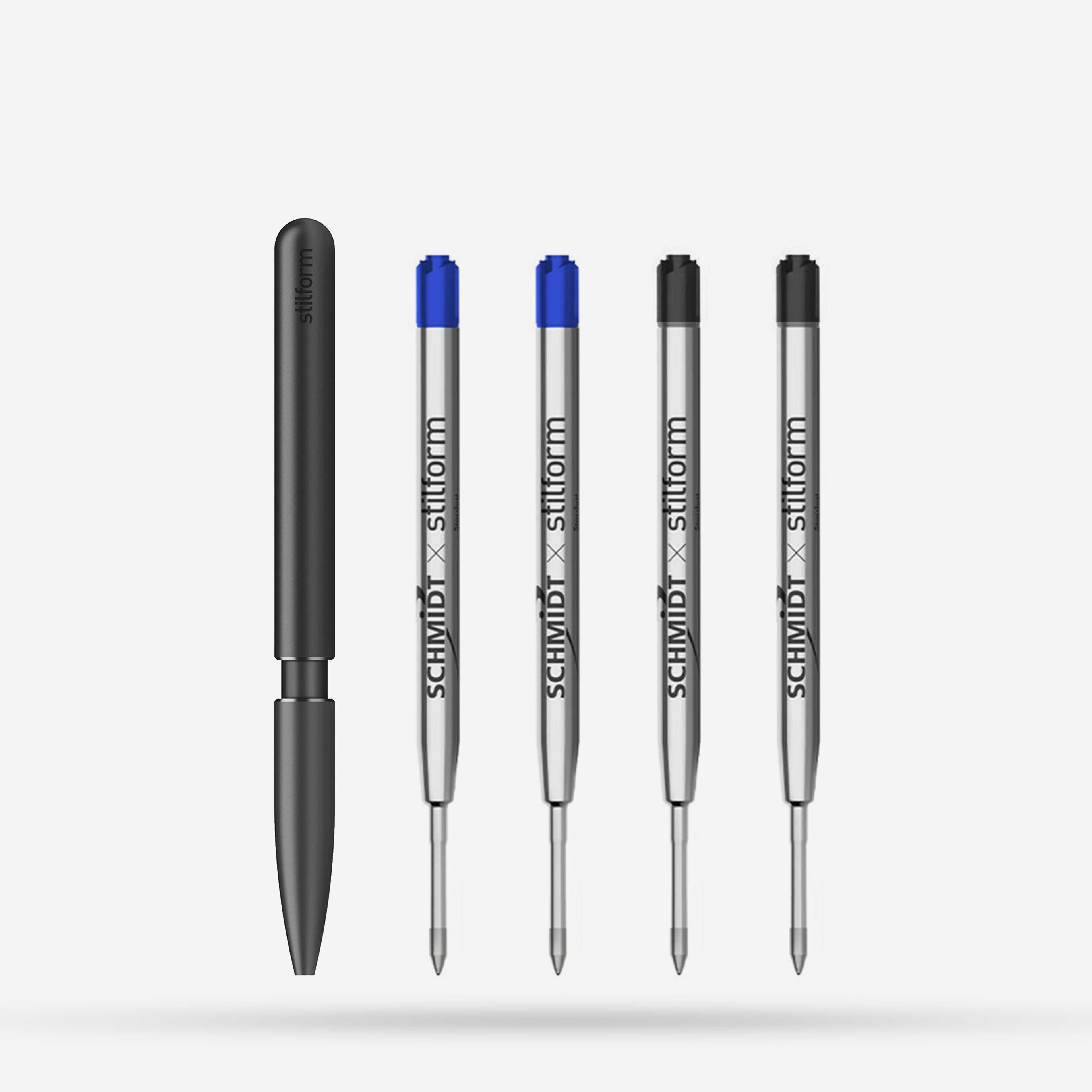 Kugelschreiber Aluminium Pen Warp Black mit blauen und schwarzen Ersatzminen