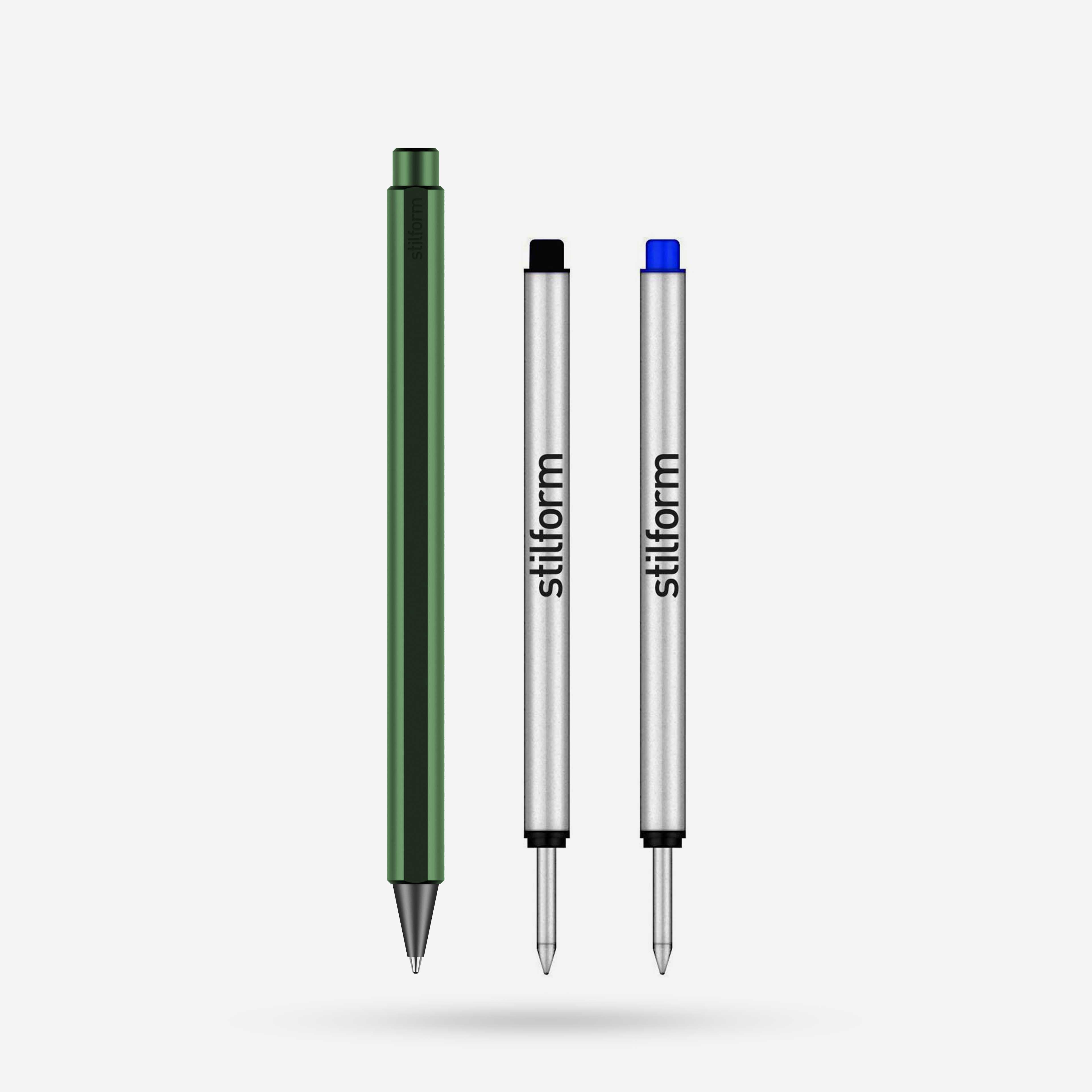 Tintenroller Aluminium Flow Aurora Green mit schwarzer und blauer Ersatzmine