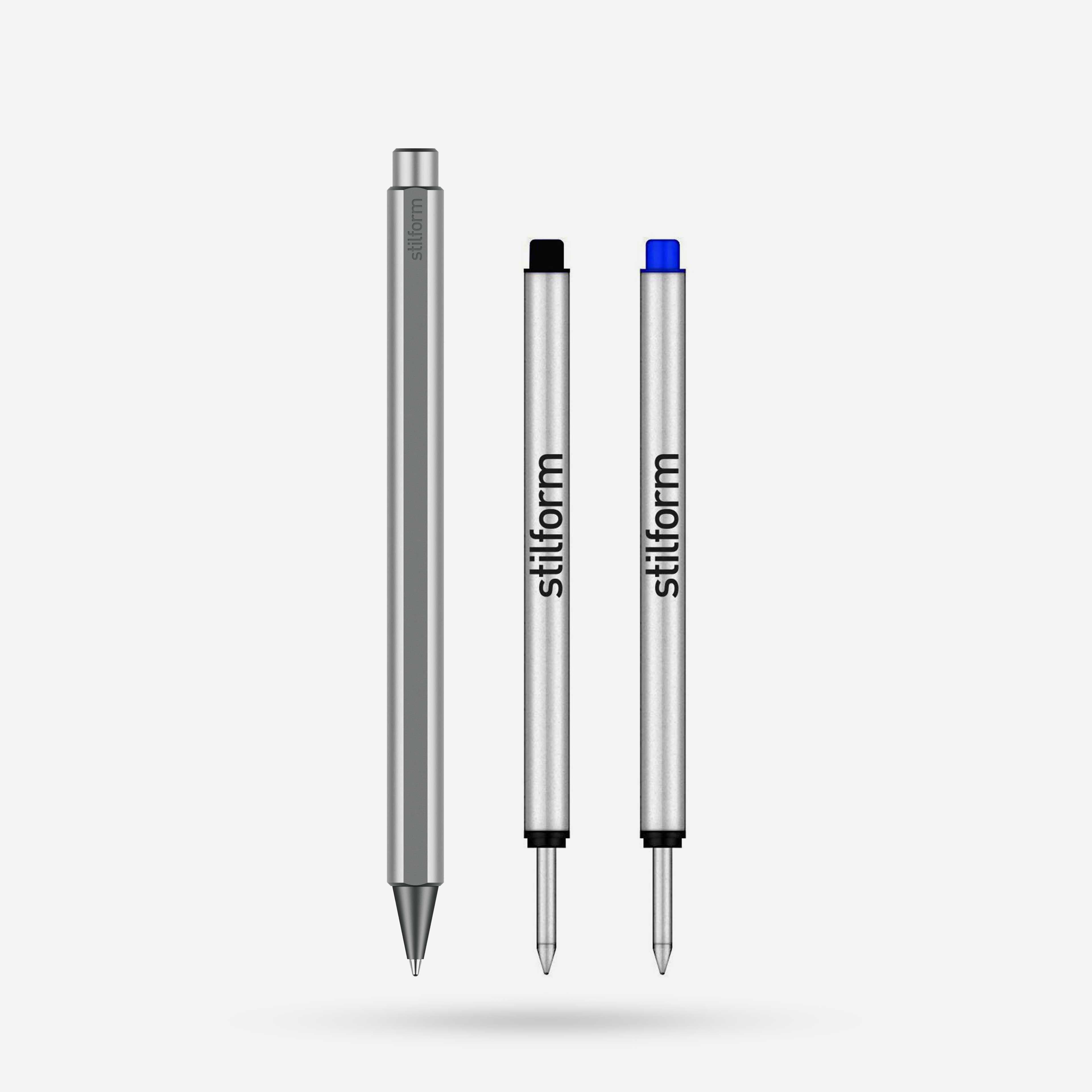 Tintenroller Aluminium Flow Comet Grey mit schwarzer und blauer Ersatzmine