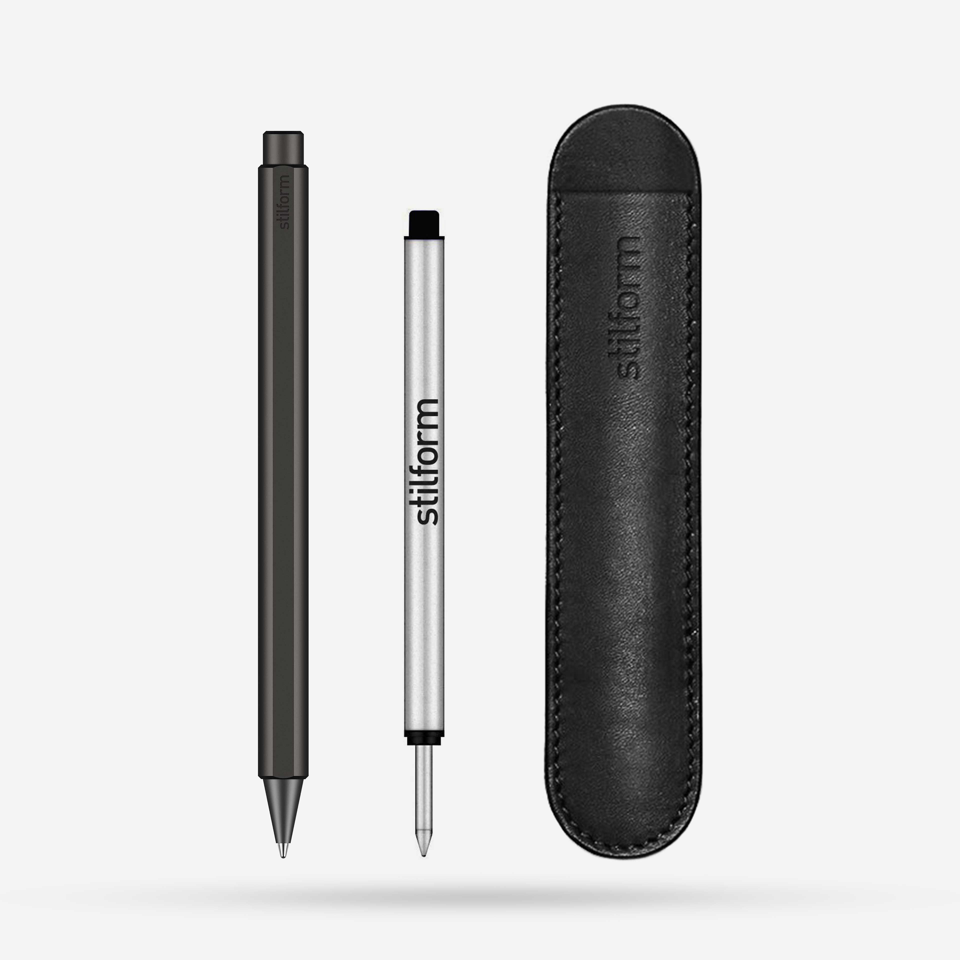 Tintenroller Aluminium Flow Warp Black mit Ersatzmine und Lederetui Schwarz