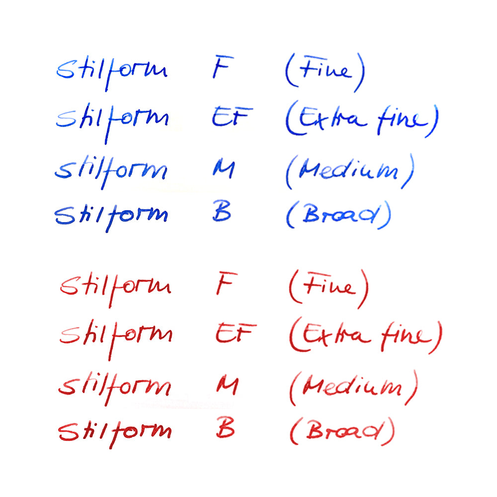 Schriftbild Vergleich der Federstärken F, EF, M und B in blauer und roter Tinte